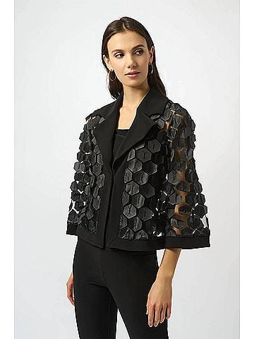 Joseph Ribkoff Collared Embroidered Mesh Trapeze Jacket in Black/Silver (view 2)
