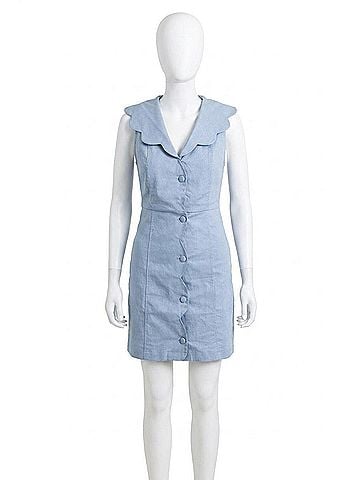 Karlie Pretty Simple Scallop V-Neck Button Dress in Denim (view 1)