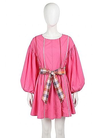 Fate Contrast Piping Detail Boatneck Fit &amp; Flare Dress / Belt in Hot Pink (view 1)