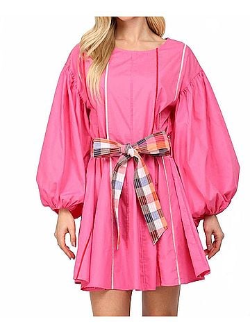 Fate Contrast Piping Detail Boatneck Fit &amp; Flare Dress / Belt in Hot Pink (view 2)