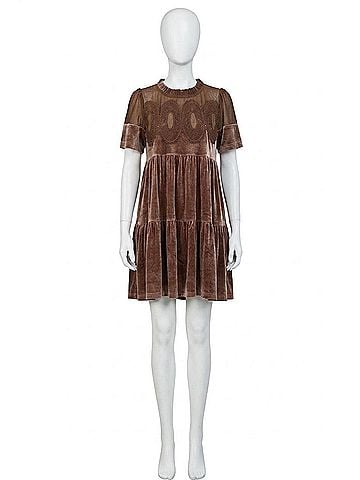 Fate Contrast Sheer Mesh Intricate Lace Detail Mini Dress in Choco Brown (view 1)