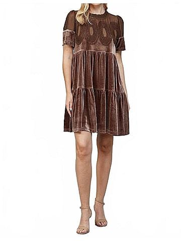 Fate Contrast Sheer Mesh Intricate Lace Detail Mini Dress in Choco Brown (view 2)