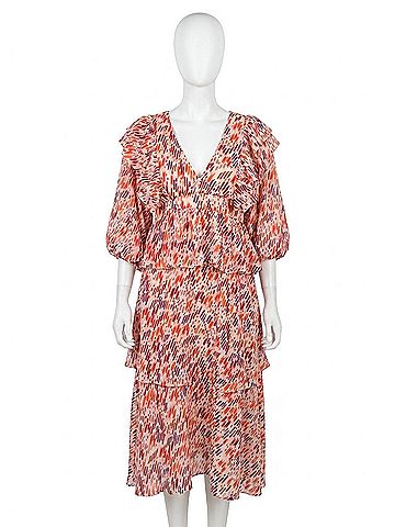 Karlie Melody Multi Color Abstract Ruffle Midi Dress in Red (view 1)