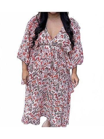 Karlie Melody Multi Color Abstract Ruffle Midi Dress in Red (view 2)
