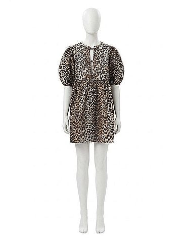 Ganni Printed Cotton Tie String Mini Dress in Leopard (view 1)