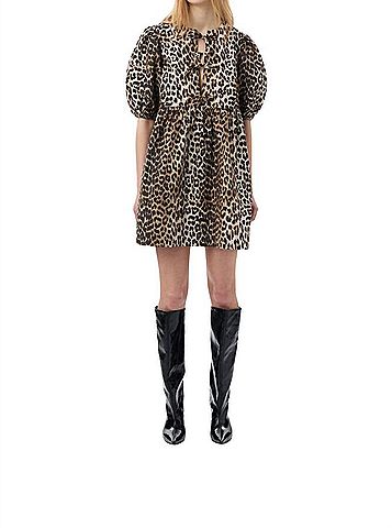 Ganni Printed Cotton Tie String Mini Dress in Leopard (view 2)