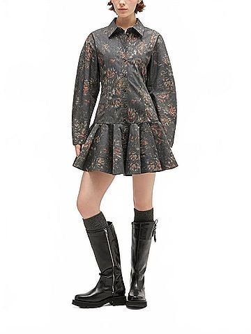 Ganni Printed Stretch Cotton Buttoned Mini Dress in Phantom (view 2)