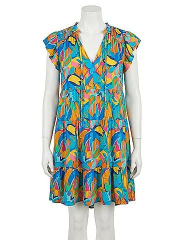 Umgee Abstract Print A-Line Tiered Smocked Detail Dress in Blue (view 1)