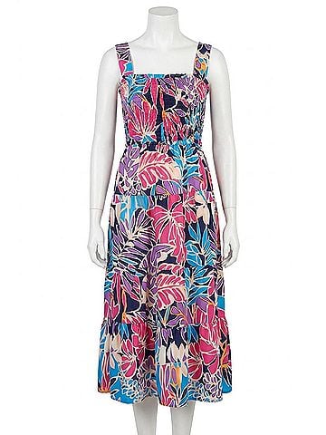 Umgee Tropical Print Smocked Tiered A-Line Dress in Navy (view 1)