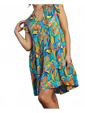 Umgee Abstract Print A-Line Tiered Smocked Detail Dress in Blue (view 2)