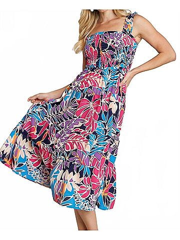 Umgee Tropical Print Smocked Tiered A-Line Dress in Navy (view 2)