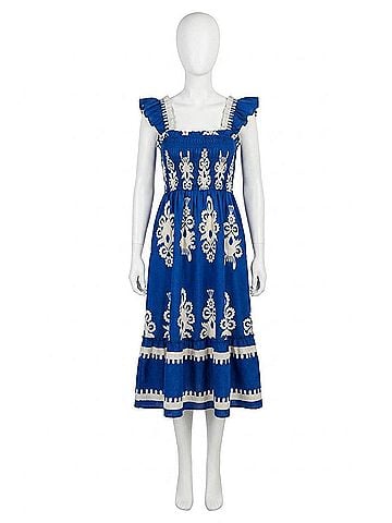Umgee Boho Embroidered Smocked Midi Dress in Cobalt Blue/White (view 1)