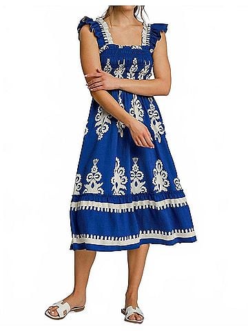Umgee Boho Embroidered Smocked Midi Dress in Cobalt Blue/White (view 2)