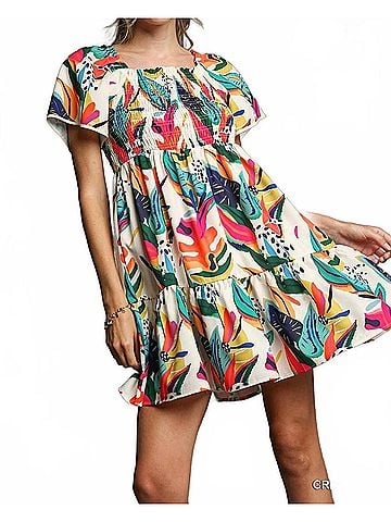 Umgee Tropical Print Smocked Detail Short Dress in Off White (view 2)