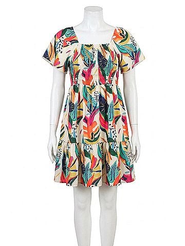 Umgee Tropical Print Smocked Detail Short Dress in Off White (view 1)