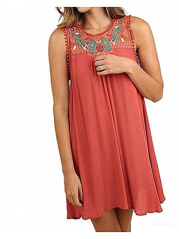Umgee Sleeveless With Floral Embroidered Yoke Dress in Bossa Nova (view 2)