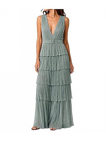 Karlie V-Neck Maxi Dress in Metallic Green (view 2)
