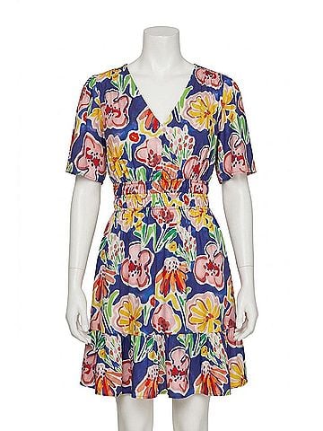 She + Sky Short Sleeve V-Neck Floral Print Dress in Multi (view 1)