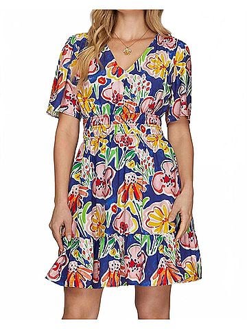 She + Sky Short Sleeve V-Neck Floral Print Dress in Multi (view 2)