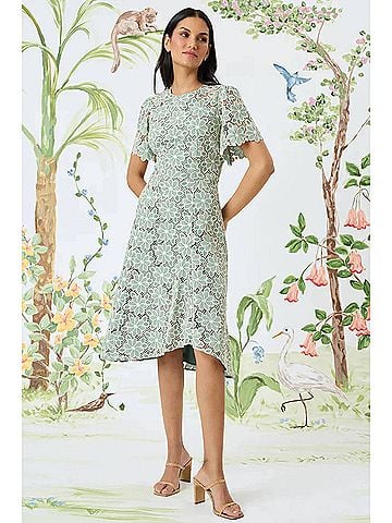 Maggy London Floral Lace Midi Dress in Green/Cream (view 2)