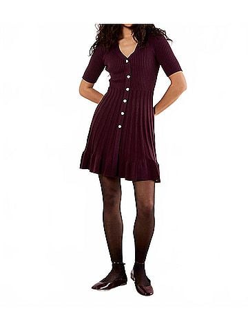 APRICOT Ribbed Fit &amp; Flare Dress in Burgundy (view 2)