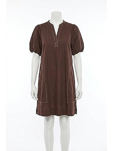 Lilla P Shirred Sleeve Split Neck Mini Dress in Espresso (view 1)