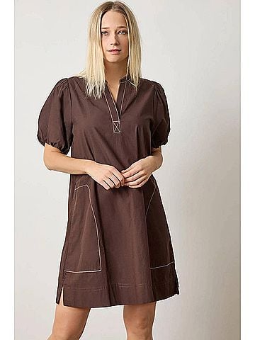 Lilla P Shirred Sleeve Split Neck Mini Dress in Espresso (view 2)