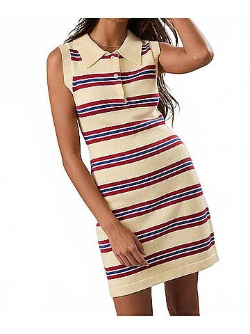 Le Lis Sleeveless Collared Sweater Dress in Butter/Red Stripe (view 2)