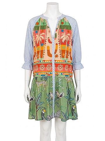 THML V Neck Mixed Print Babydoll Dress in Green (view 1)