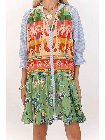 THML V Neck Mixed Print Babydoll Dress in Green (view 2)