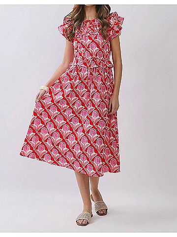 TCEC Floral Ruffle Sleeves Midi Dress in Red (view 2)
