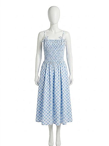English Factory Checked Smocked Midi Dress in Powder Blue (view 1)