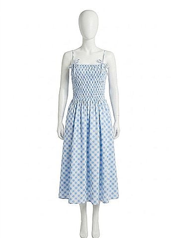English Factory Checked Smocked Midi Dress in Powder Blue (view 1)