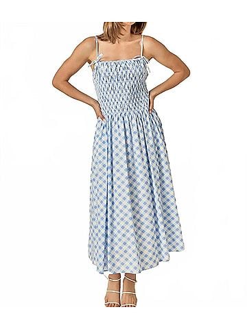 English Factory Checked Smocked Midi Dress in Powder Blue (view 2)