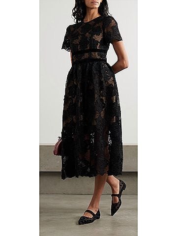 Self-Portrait Lace Velvet Bow Midi Dress in Black (view 2)