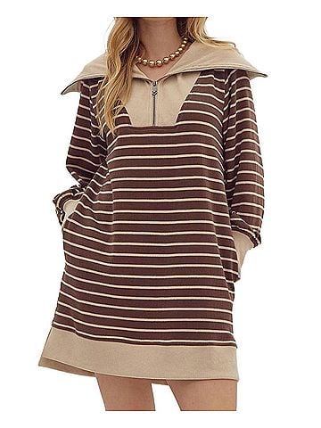Entro Ribbed Zip Up Long Sleeve Mini Dress in Brown (view 2)