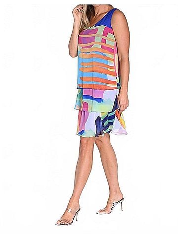Frank Lyman Design V-Neck Layered Dress in Blue Multi (view 2)