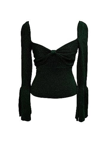 Self-Portrait Self-Portrait Lurex-Knit Bell-Sleeved Blouse in Olive Polyamide (view 1)