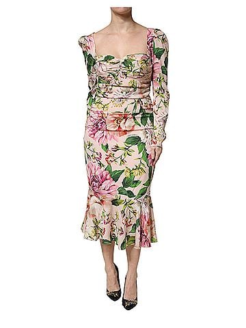 Dolce & Gabbana Pink Floral Silk Fit And Flared Midi Women's Dress (view 1)