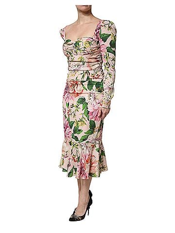 Dolce & Gabbana Pink Floral Silk Fit And Flared Midi Women's Dress (view 2)
