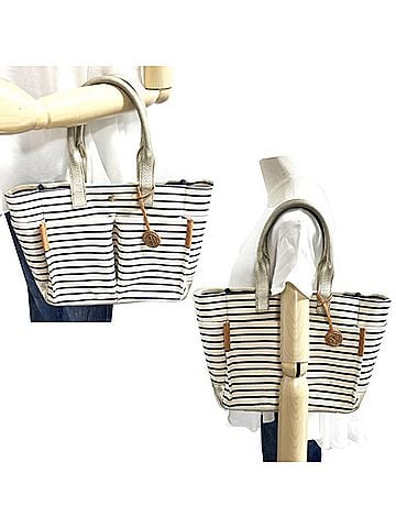 Tory Burch Tory Burch women's tote bag in white, navy, and gold canvas leather. (view 1)