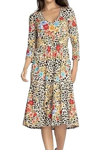 Johnny Was Cheetah Tiered Tea Length Dress Casual Dress (view 1)