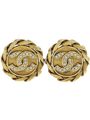 Chanel Chanel Coco Mark Earrings, Gold Plated with Rhinestones, 1988, Size 23, Approx. 27.3g, Women's. (view 1)