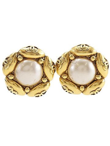 Chanel Chanel Coco Mark Flower Earrings, Gold Plated x Faux Pearl, 94A, Approx. 21.6g, Women's. (view 1)