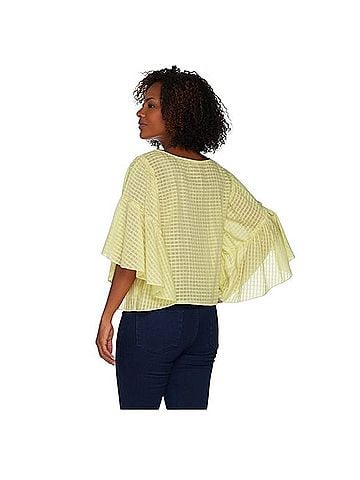 Vince Camuto Textured Grid Drop Shoulder Ruffle Sleeve Top Short Sleeve T-Shirt (view 1)