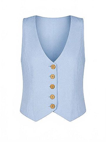 Elan Button Front Linen Blend Vest in Light Blue (view 1)