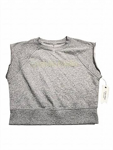 Calvin Klein Performance Cropped Sleeveless Outline Logo Sweatshirt in Heather Grey / Buttercream (view 1)