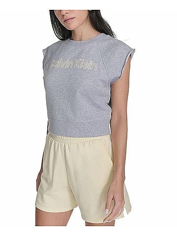 Calvin Klein Performance Cropped Sleeveless Outline Logo Sweatshirt in Heather Grey / Buttercream (view 2)
