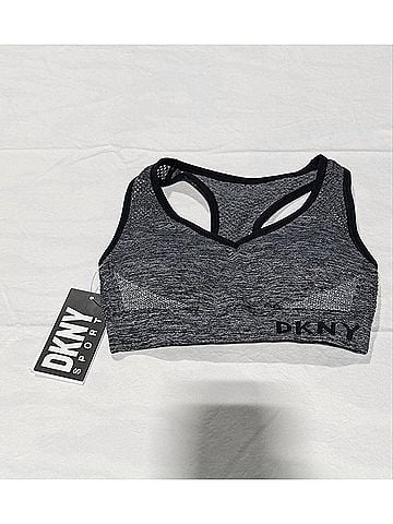 DKNY Women's Medium Impact Seamless Mesh-Back Sports Bra in Heather/Black (view 2)