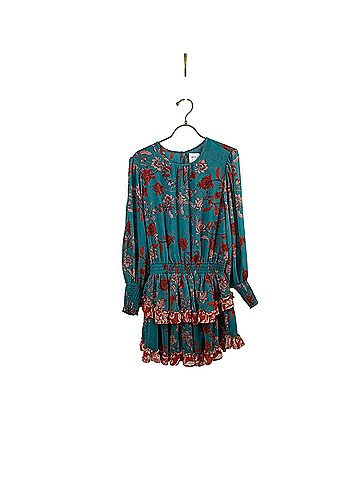 MISA Los Angeles Camila Teal Floral Paisley Tiered Mini Casual Dress (view 1)
